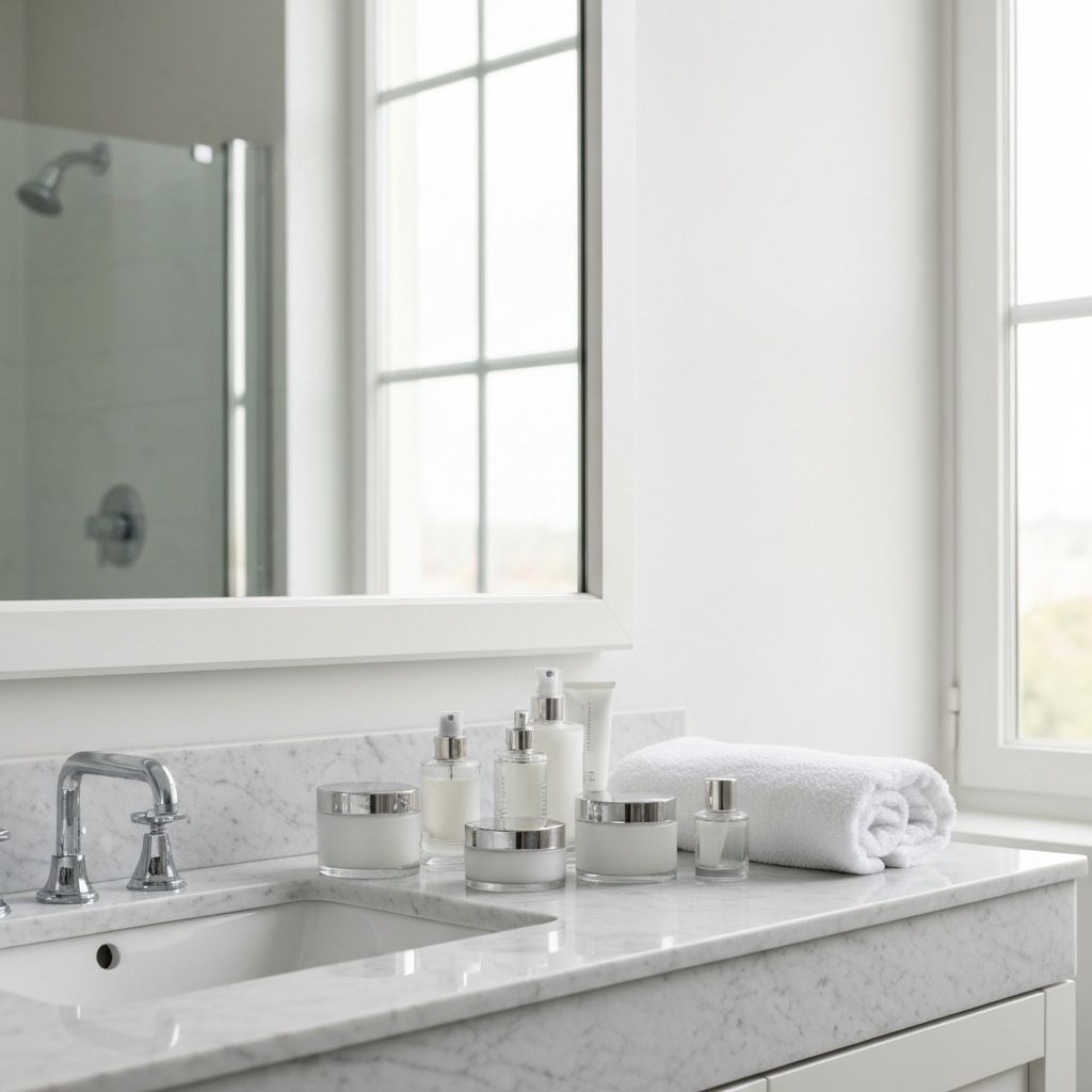 Salle de bain luxe avec produits cosmétiques